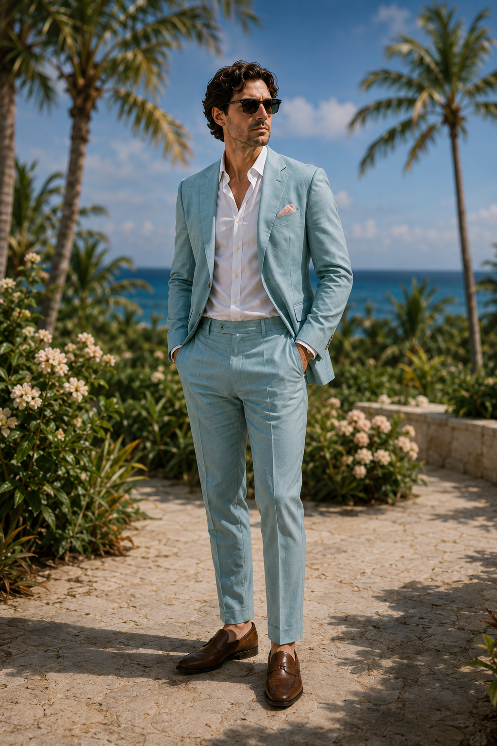 Man in a light blue linen suit by the ocean