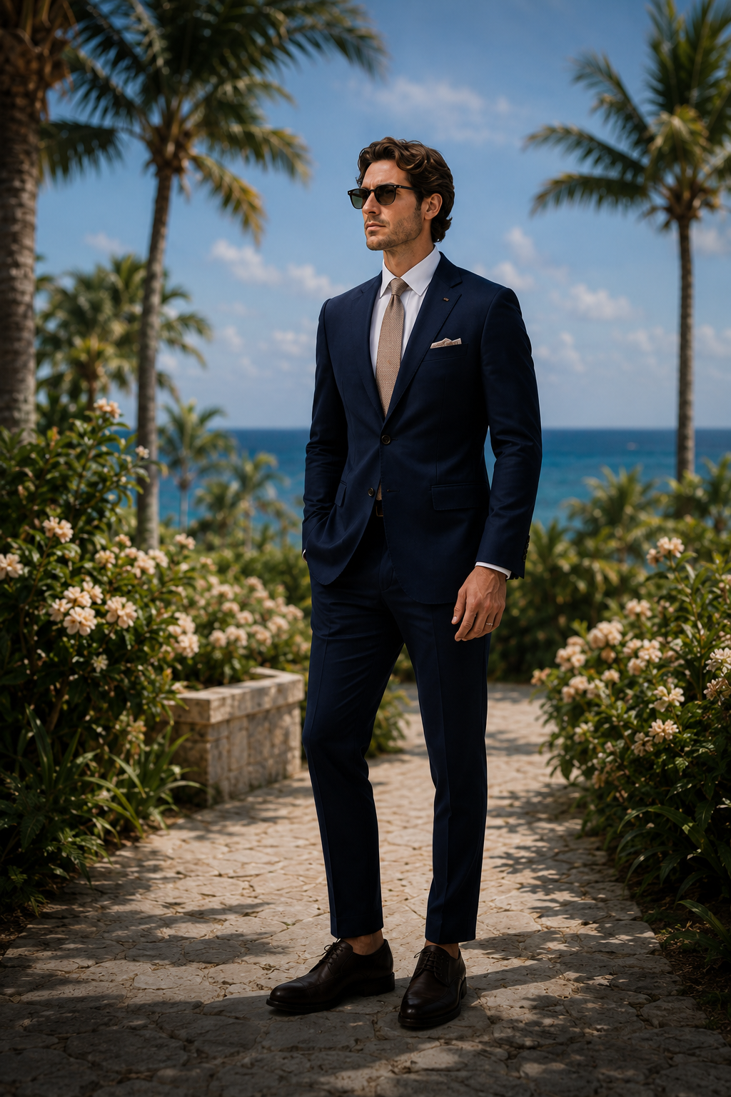 Man in a navy suit on a garden path by the sea