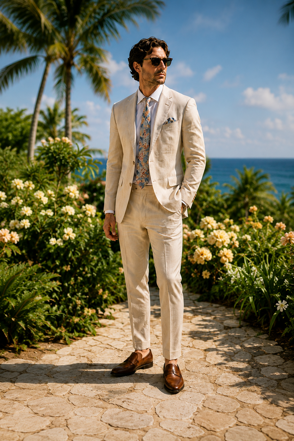 Man in a cream linen suit on a tropical seaside path